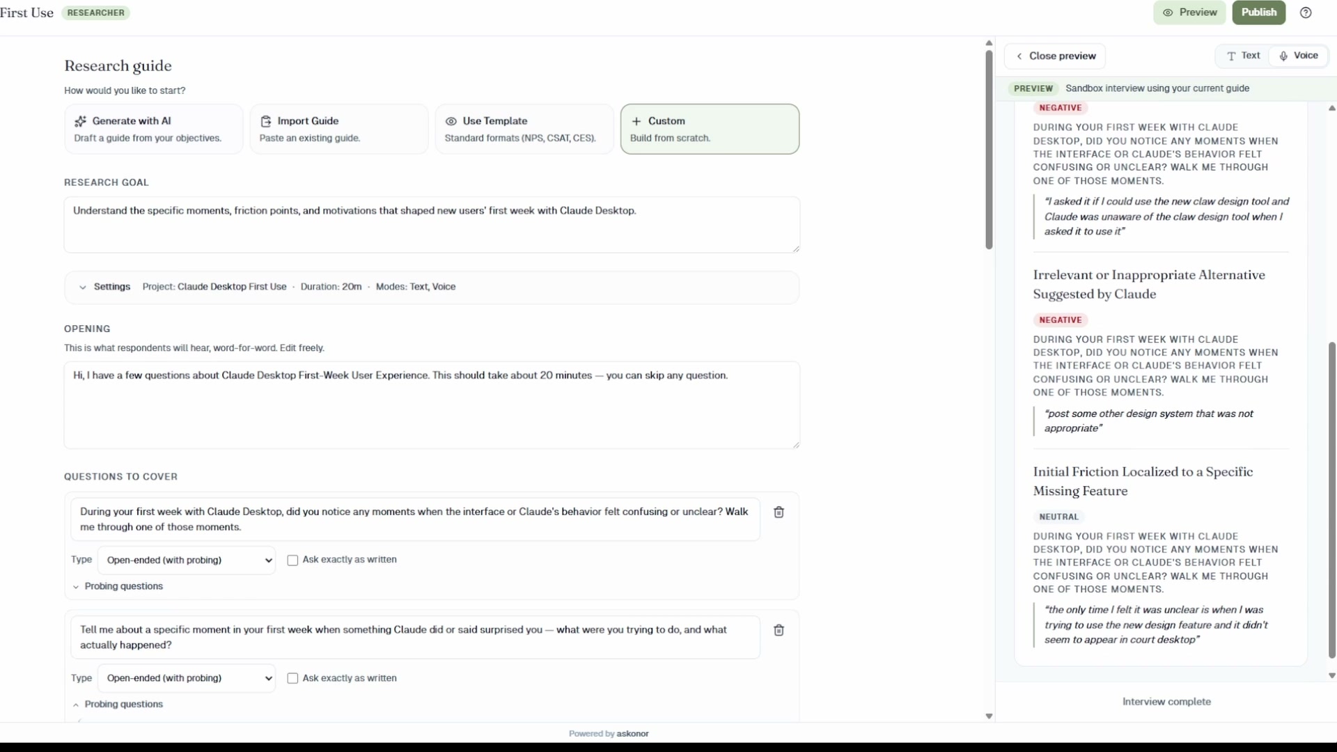 Researcher view with live preview: the guide on the left, the in-progress interview transcript on the right showing extracted themes labeled NEGATIVE / NEUTRAL with verbatim quotes underneath each one
