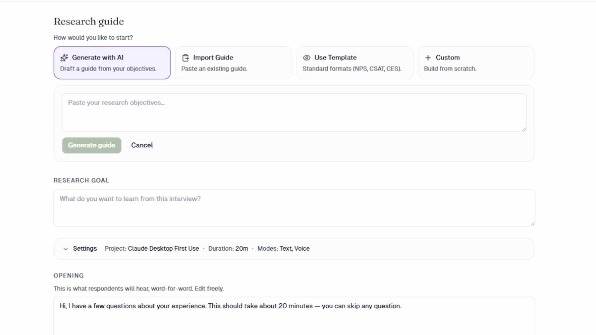 Research guide setup: four entry points (Generate with AI, Import Guide, Use Template, Custom) for building an interview from your research goals