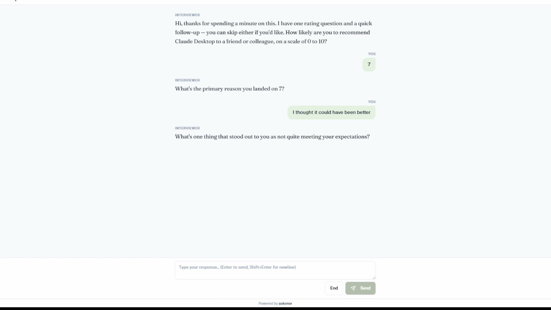 Respondent chat view on desktop: an NPS rating question followed by an open-ended probe in conversational form