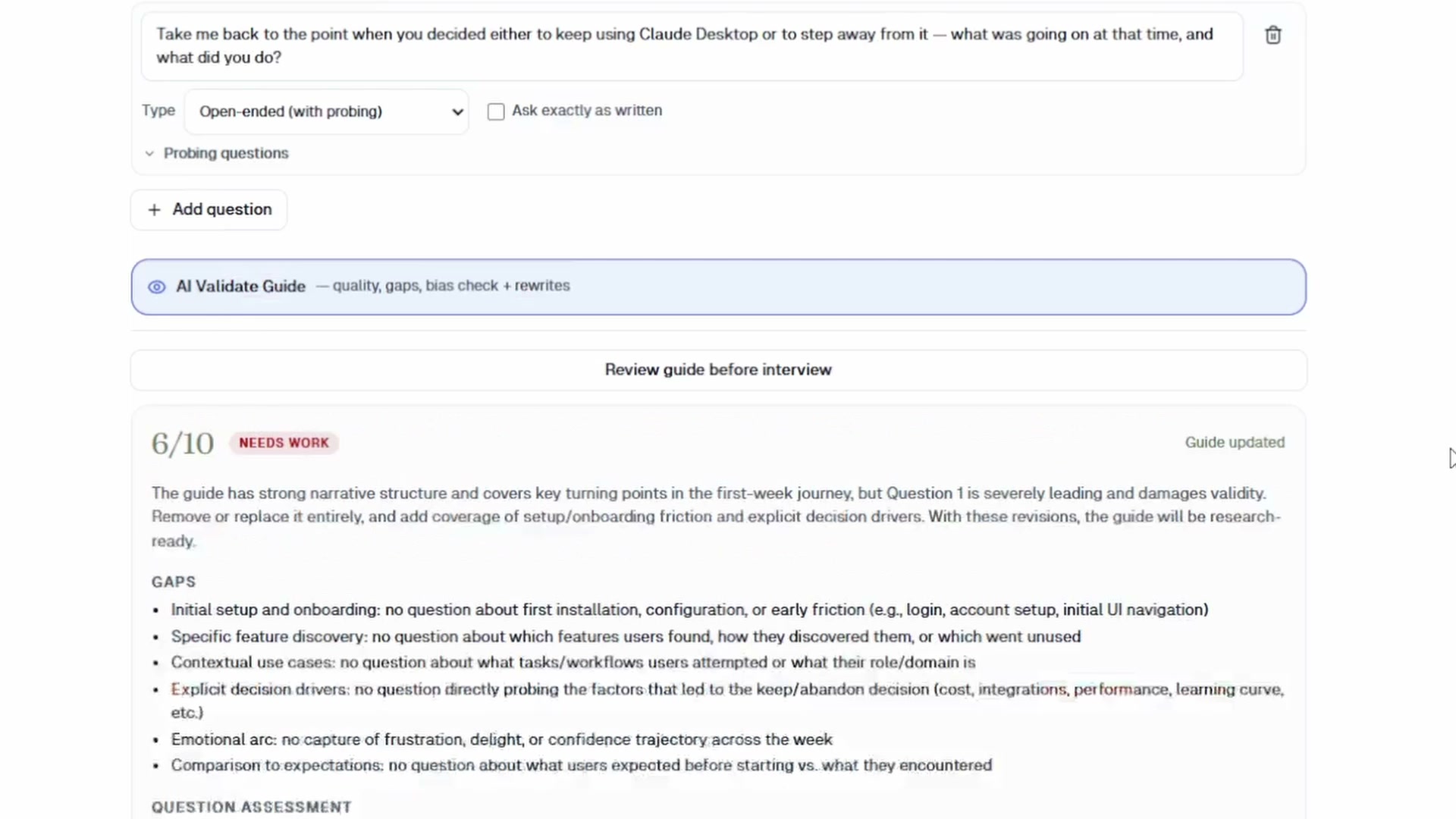 AI Validate Guide running pre-launch review on a draft guide. Score is 6/10 with a NEEDS WORK badge and a list of gaps including missing onboarding questions, missing emotional arc, and a leading question that needs rewriting